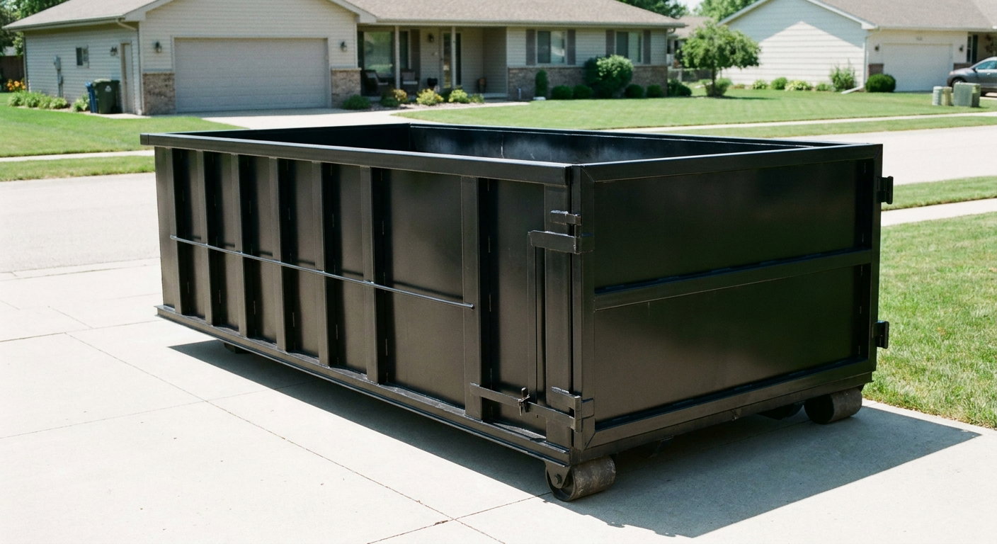 Matte-black 10-yard roll-off dumpster on a residential concrete driveway in Saint Cloud, uniformly painted matte black across every panel and rail, ribbed steel sidewalls and rear swing door visible, mid-day daylight.