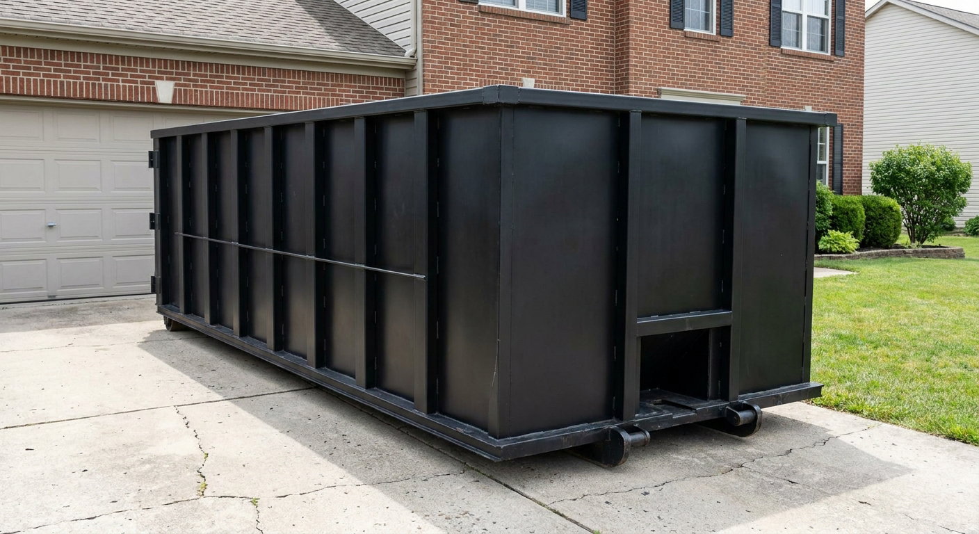 Matte-black 20-yard roll-off container on a Saint Cloud residential concrete driveway with reinforced ribbed steel sidewalls and a hinged rear walk-in door, clean bright daylight.