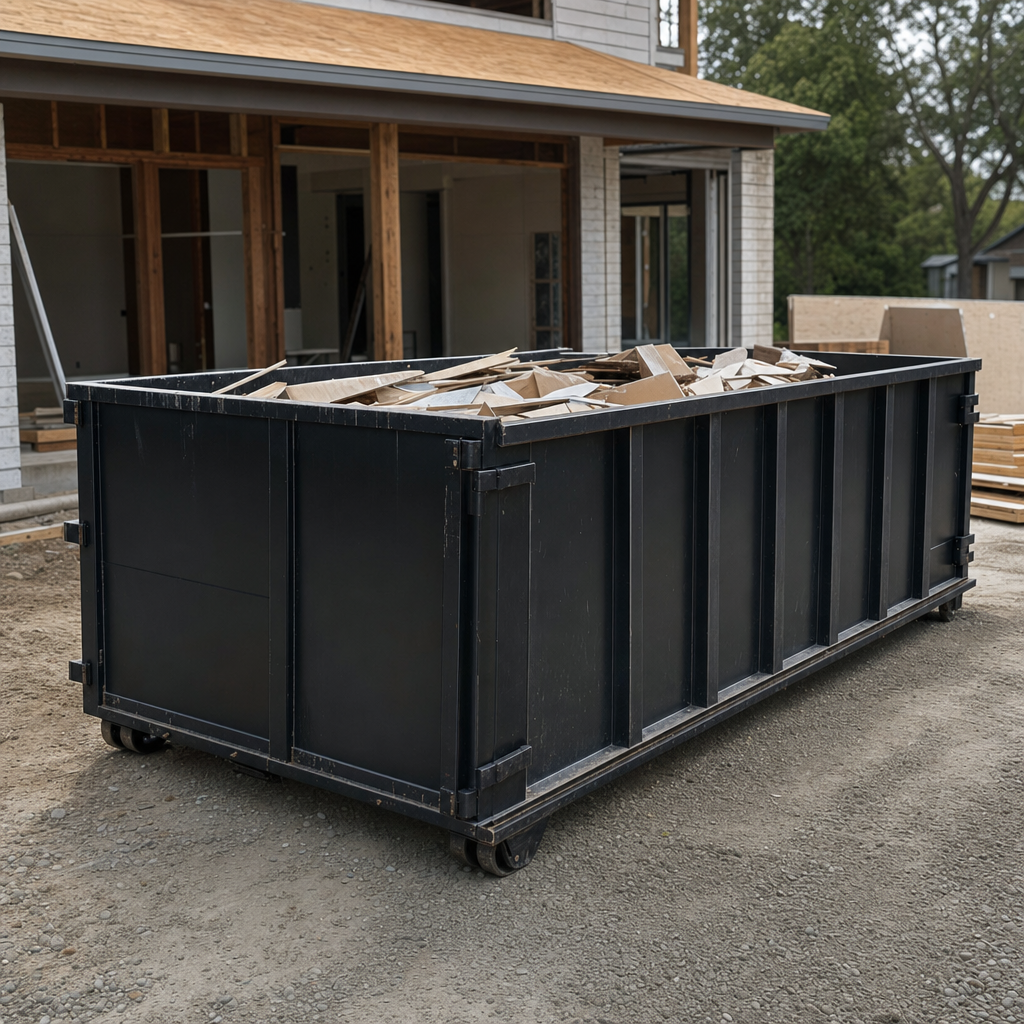 Large matte-black 30-yard construction roll-off dumpster at an active Saint Cloud jobsite, steel-gray top rails and bottom rollers visible, loaded with construction debris.