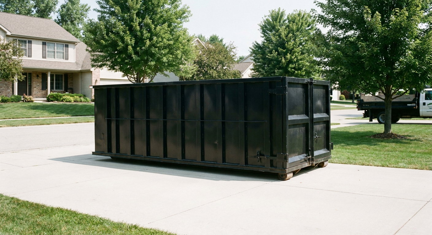 Matte-black 20-yard roll-off dumpster sitting level on a clean Saint Cloud residential concrete driveway under bright daylight, demonstrating clean placement directly on the concrete.