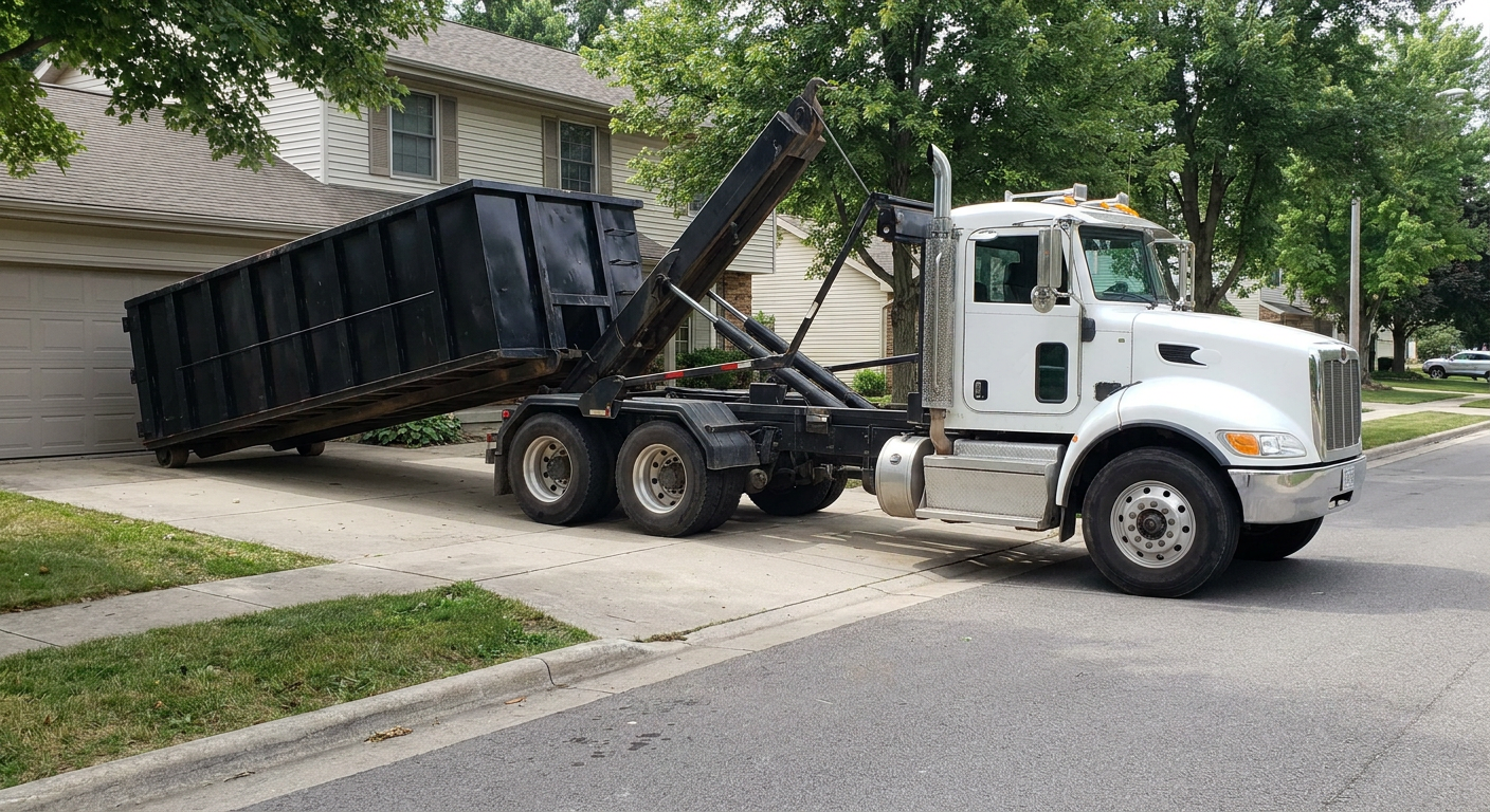 White-cab hooklift roll-off truck actively lowering a matte-black dumpster onto a Saint Cloud residential concrete driveway, the dumpster's rear wheels touching the driveway as the hoist arm tilts the bed forward, mid-morning daylight.