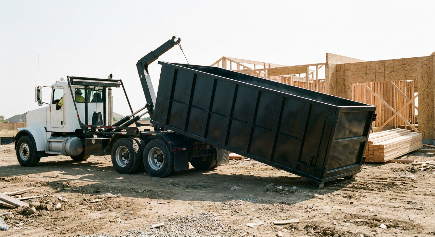 Matte-black roll-off dumpster being delivered onto a clean residential concrete driveway in Saint Cloud by an unmarked white hooklift hauler truck, bright morning daylight, documentary 35mm perspective.